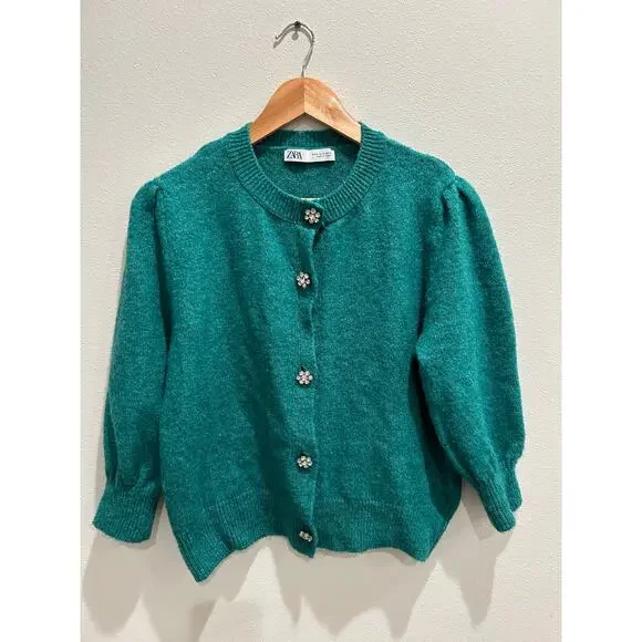 ZARA button up puff sleeve cropped cardigan sweater crew neck M, L, XL - Picture 3 of 5